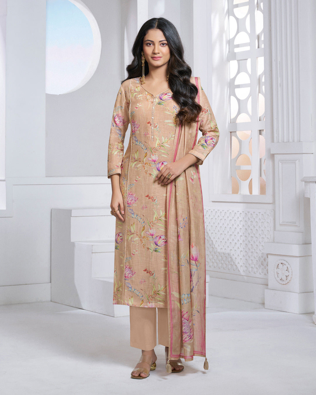 PEACH PRINTED WITH LACE WORK STRAIGHT KURTA WITH DYED TROUSERS AND PRINTED DUPATTA