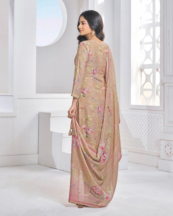 PEACH PRINTED WITH LACE WORK STRAIGHT KURTA WITH DYED TROUSERS AND PRINTED DUPATTA