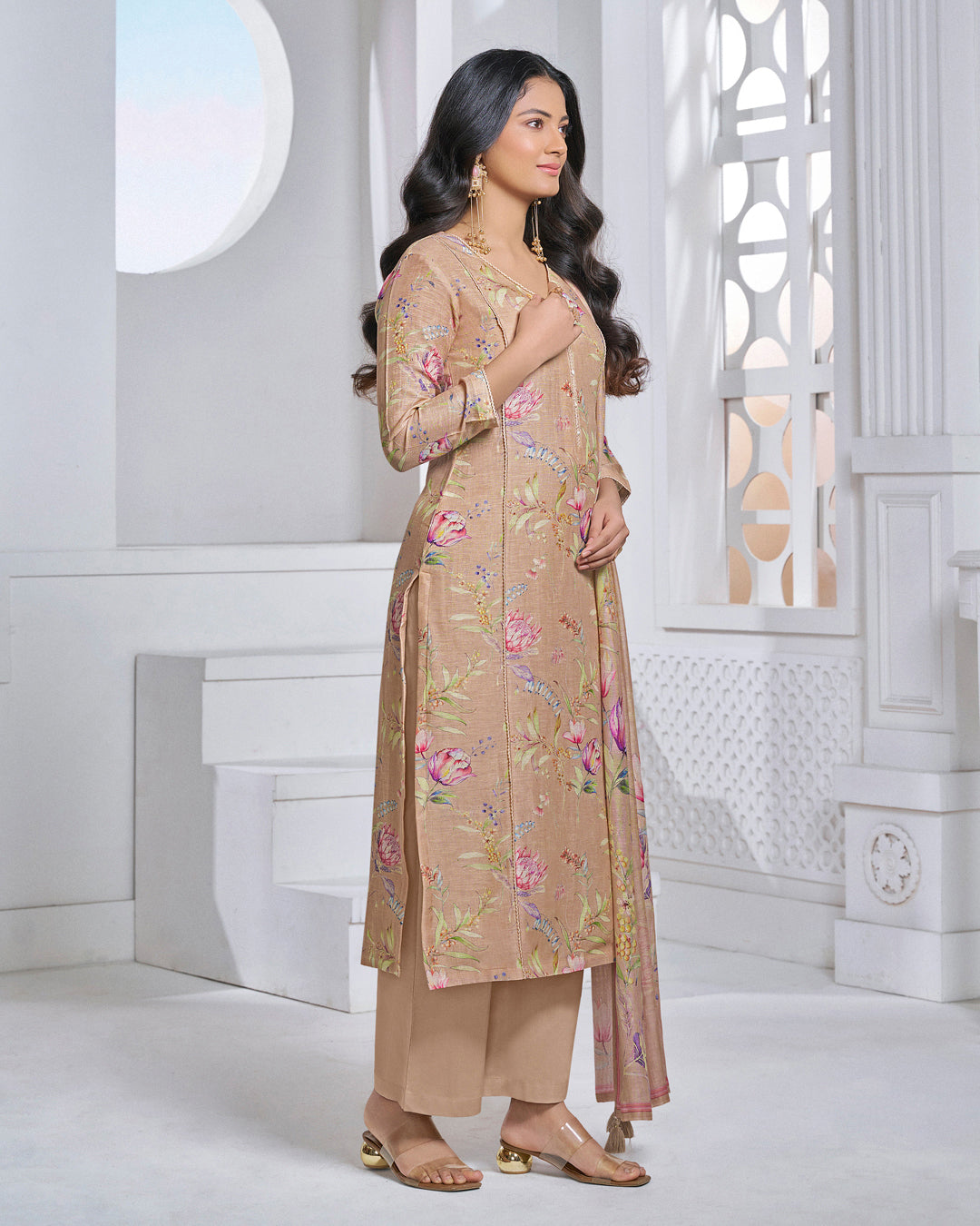 PEACH PRINTED WITH LACE WORK STRAIGHT KURTA WITH DYED TROUSERS AND PRINTED DUPATTA