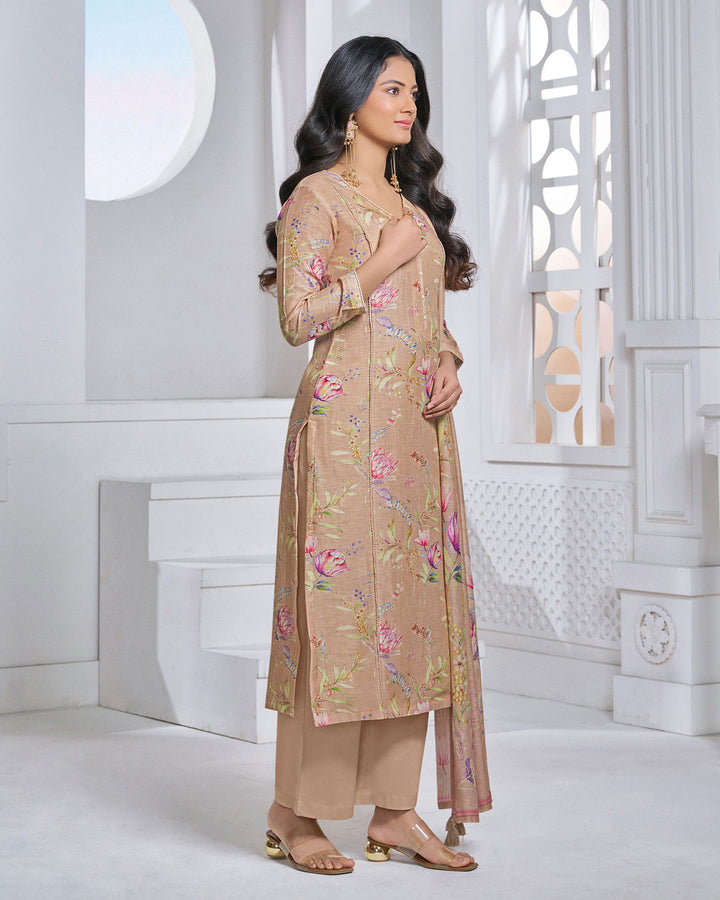 PEACH PRINTED WITH LACE WORK STRAIGHT KURTA WITH DYED TROUSERS AND PRINTED DUPATTA