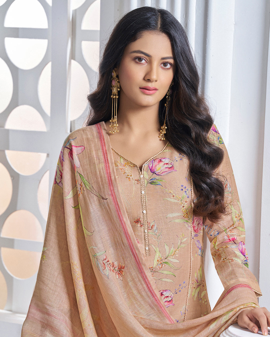 PEACH PRINTED WITH LACE WORK STRAIGHT KURTA WITH DYED TROUSERS AND PRINTED DUPATTA
