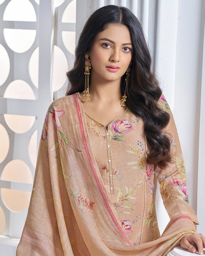 PEACH PRINTED WITH LACE WORK STRAIGHT KURTA WITH DYED TROUSERS AND PRINTED DUPATTA