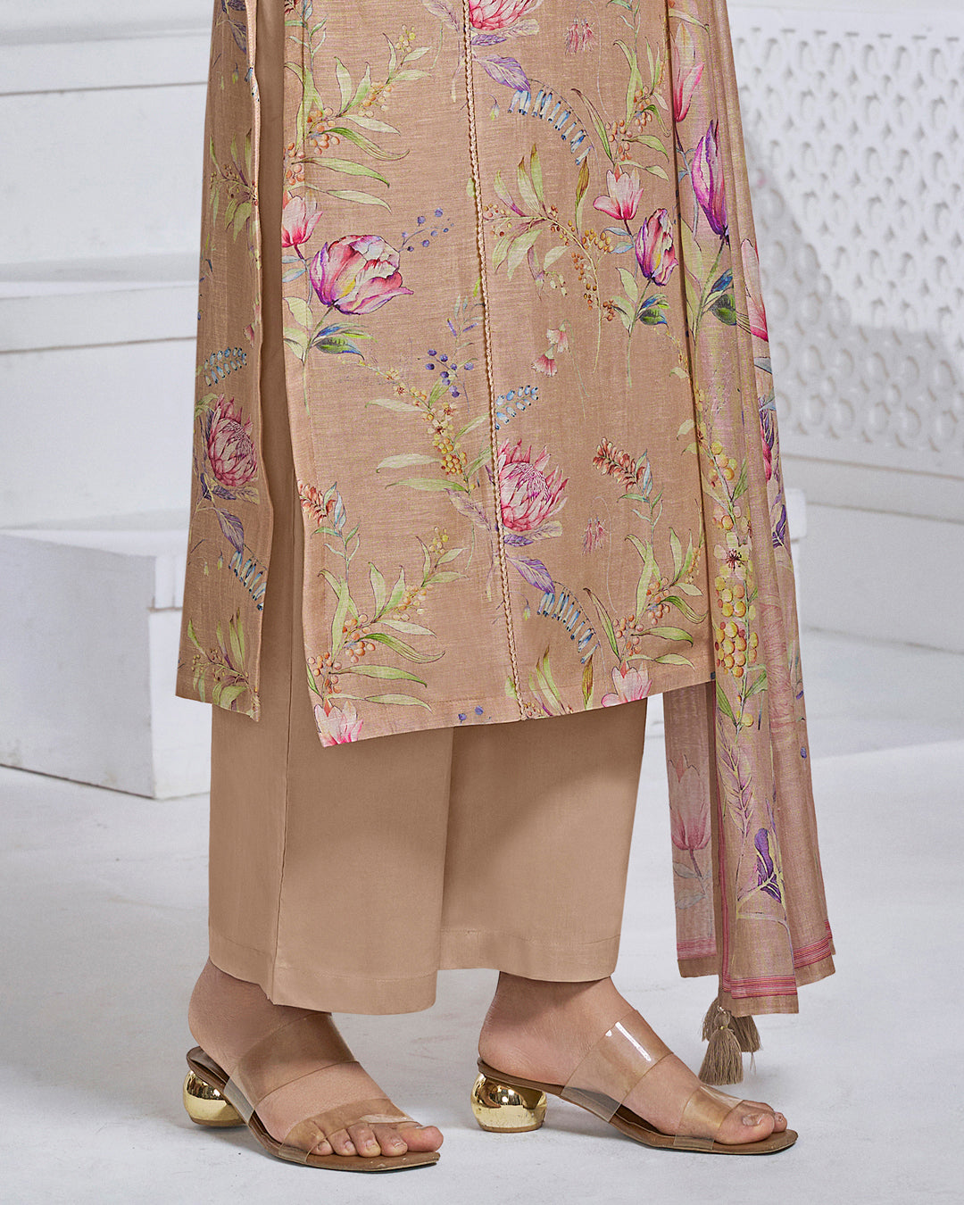 PEACH PRINTED WITH LACE WORK STRAIGHT KURTA WITH DYED TROUSERS AND PRINTED DUPATTA