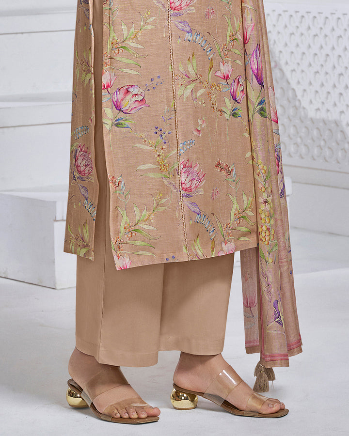 PEACH PRINTED WITH LACE WORK STRAIGHT KURTA WITH DYED TROUSERS AND PRINTED DUPATTA