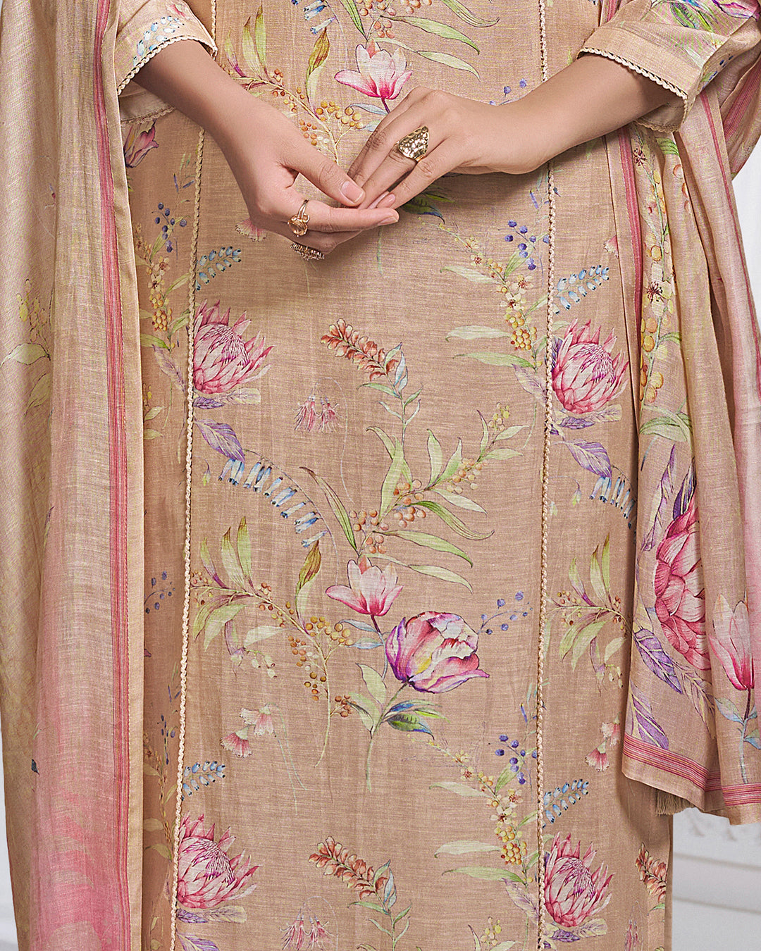 PEACH PRINTED WITH LACE WORK STRAIGHT KURTA WITH DYED TROUSERS AND PRINTED DUPATTA