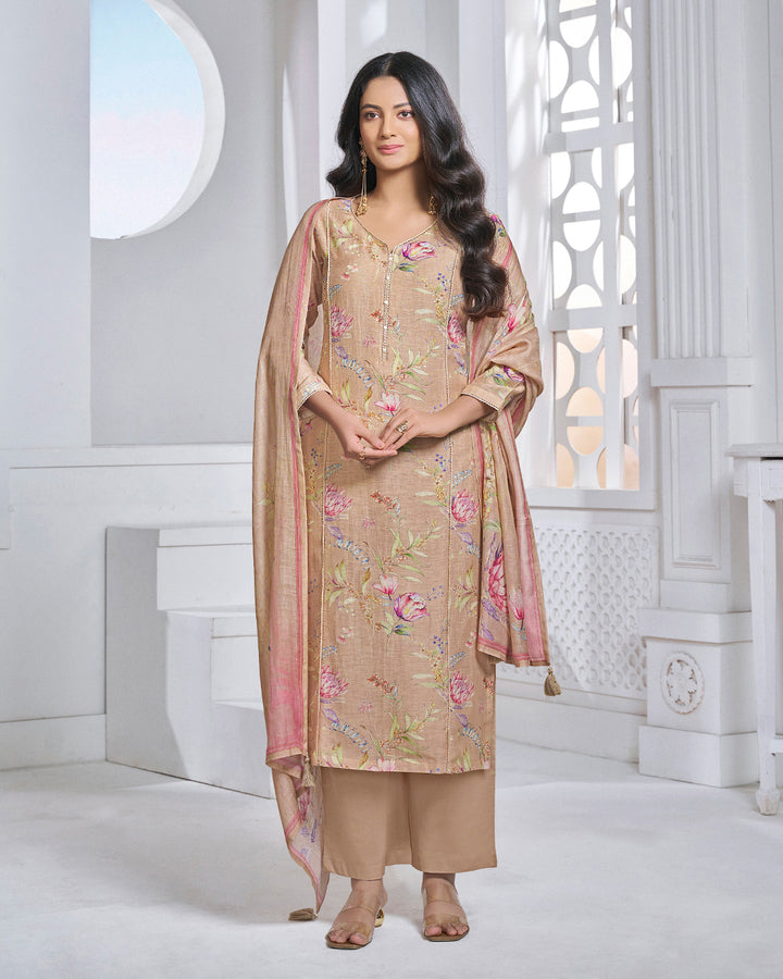 PEACH PRINTED WITH LACE WORK STRAIGHT KURTA WITH DYED TROUSERS AND PRINTED DUPATTA