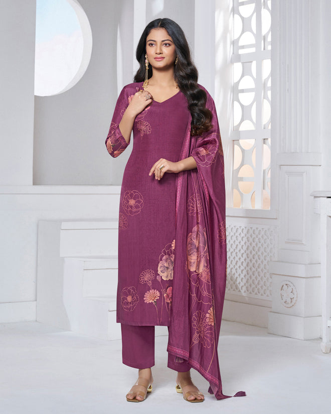Maroon Printed Straight Kurta With Dyed Trousers And Printed Dupatta