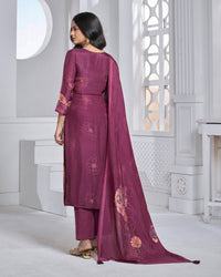 Maroon Printed Straight Kurta With Dyed Trousers And Printed Dupatta