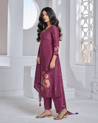 Maroon Printed Straight Kurta With Dyed Trousers And Printed Dupatta