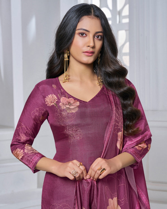Maroon Printed Straight Kurta With Dyed Trousers And Printed Dupatta