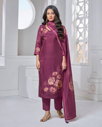 Maroon Printed Straight Kurta With Dyed Trousers And Printed Dupatta