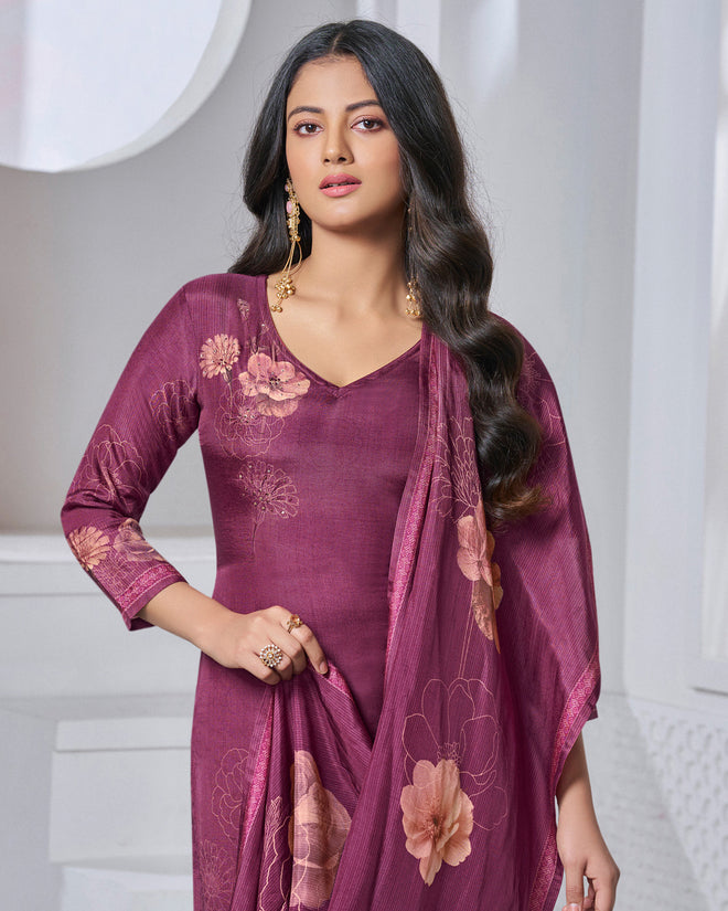 Maroon Printed Straight Kurta With Dyed Trousers And Printed Dupatta
