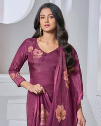 Maroon Printed Straight Kurta With Dyed Trousers And Printed Dupatta