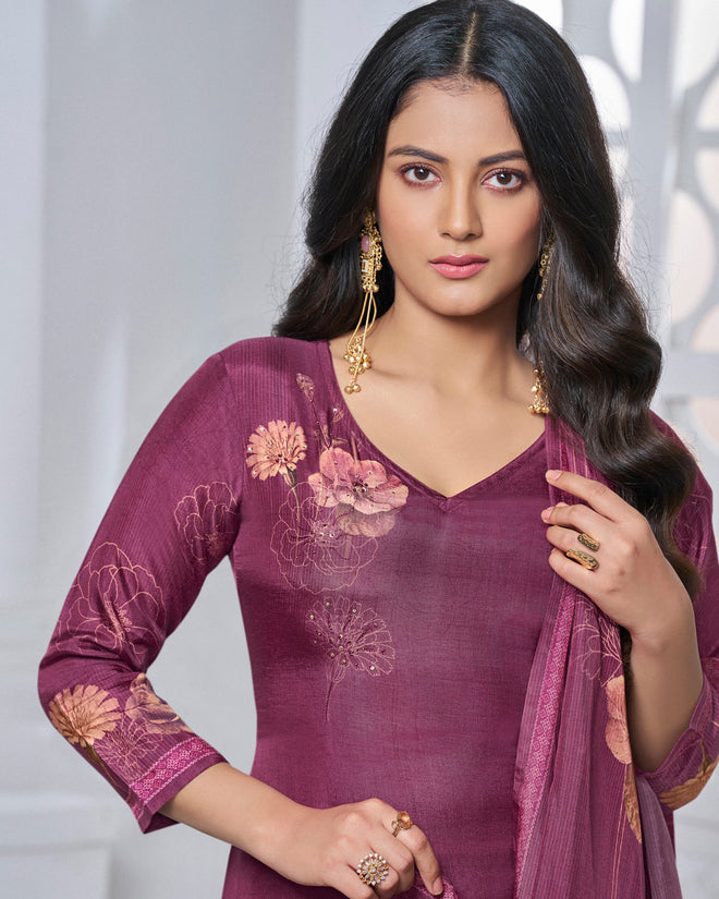 Maroon Printed Straight Kurta With Dyed Trousers And Printed Dupatta