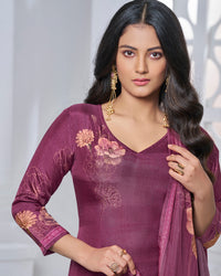 Maroon Printed Straight Kurta With Dyed Trousers And Printed Dupatta