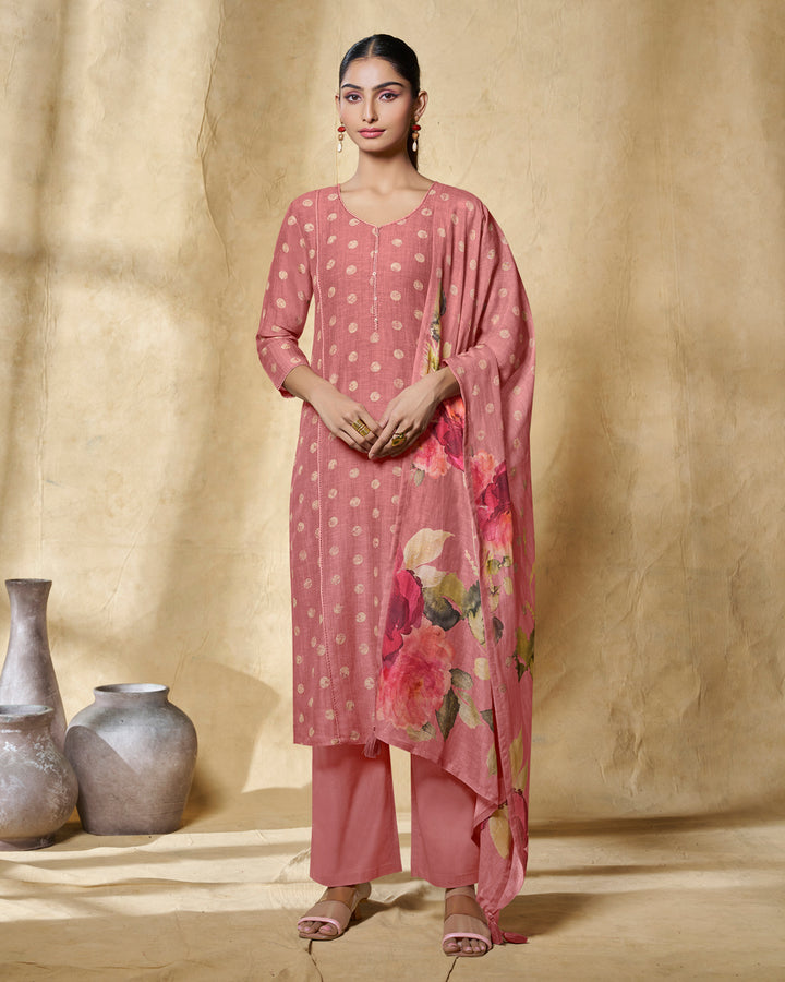 PEACH PRINTED WITH LACE WORK STRAIGHT KURTA WITH DYED TROUSERS AND PRINTED DUPATTA