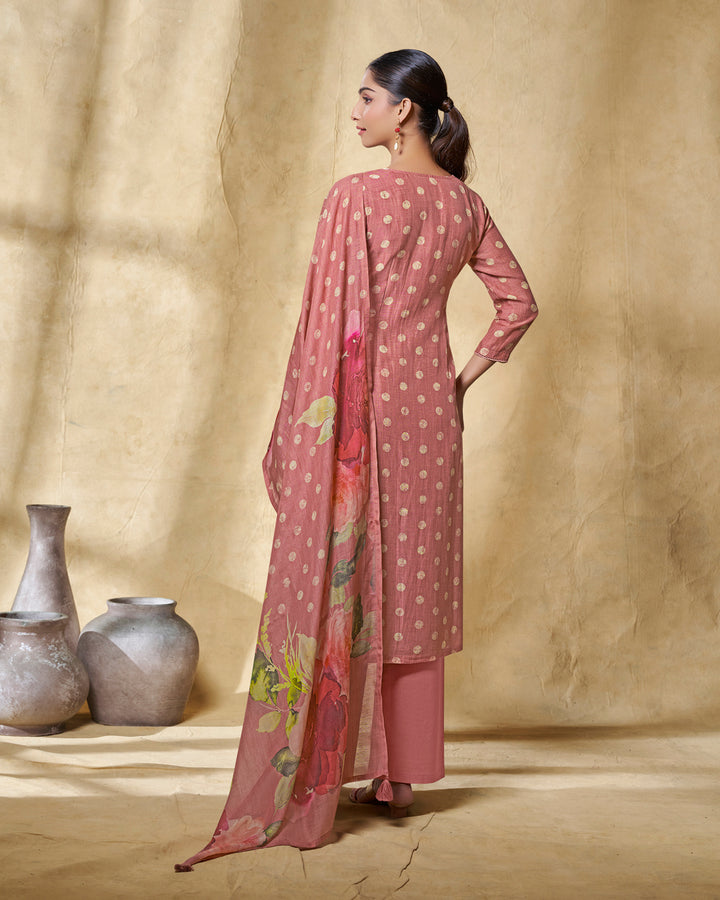 PEACH PRINTED WITH LACE WORK STRAIGHT KURTA WITH DYED TROUSERS AND PRINTED DUPATTA