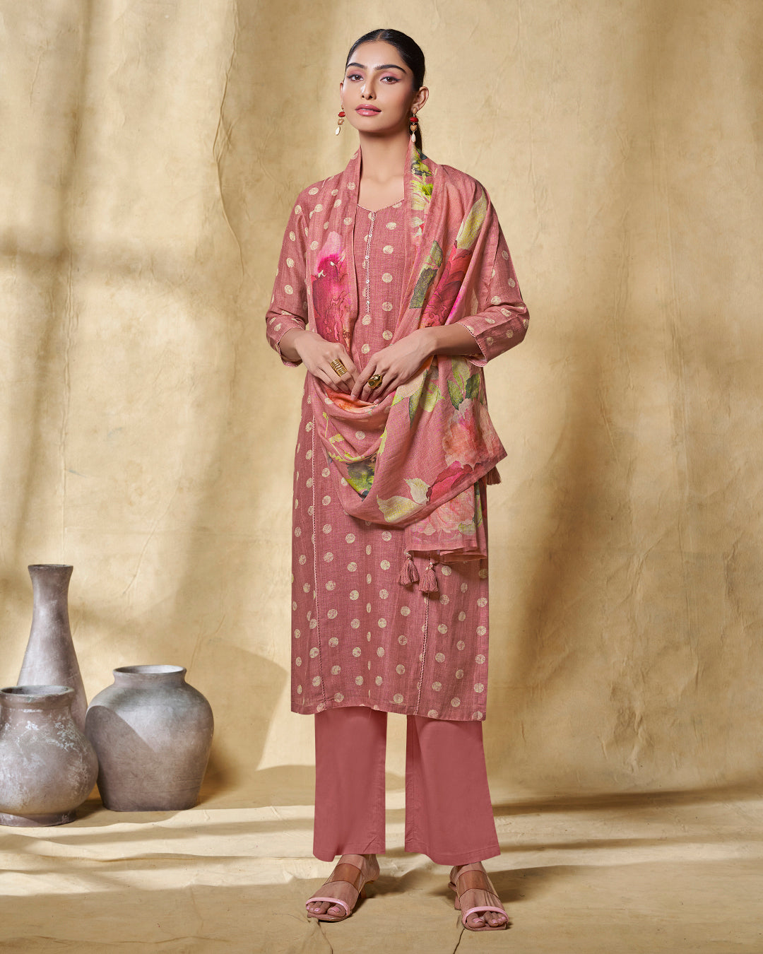 PEACH PRINTED WITH LACE WORK STRAIGHT KURTA WITH DYED TROUSERS AND PRINTED DUPATTA
