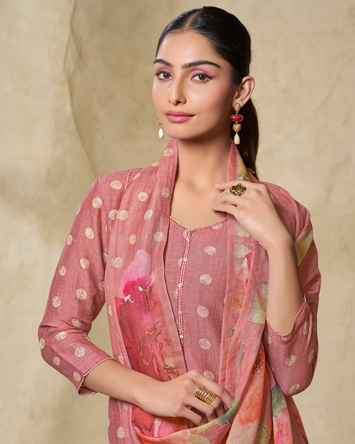 PEACH PRINTED WITH LACE WORK STRAIGHT KURTA WITH DYED TROUSERS AND PRINTED DUPATTA