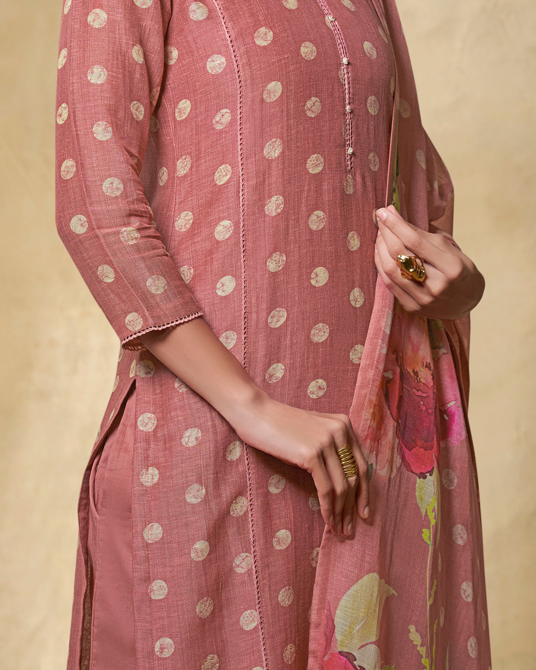 PEACH PRINTED WITH LACE WORK STRAIGHT KURTA WITH DYED TROUSERS AND PRINTED DUPATTA