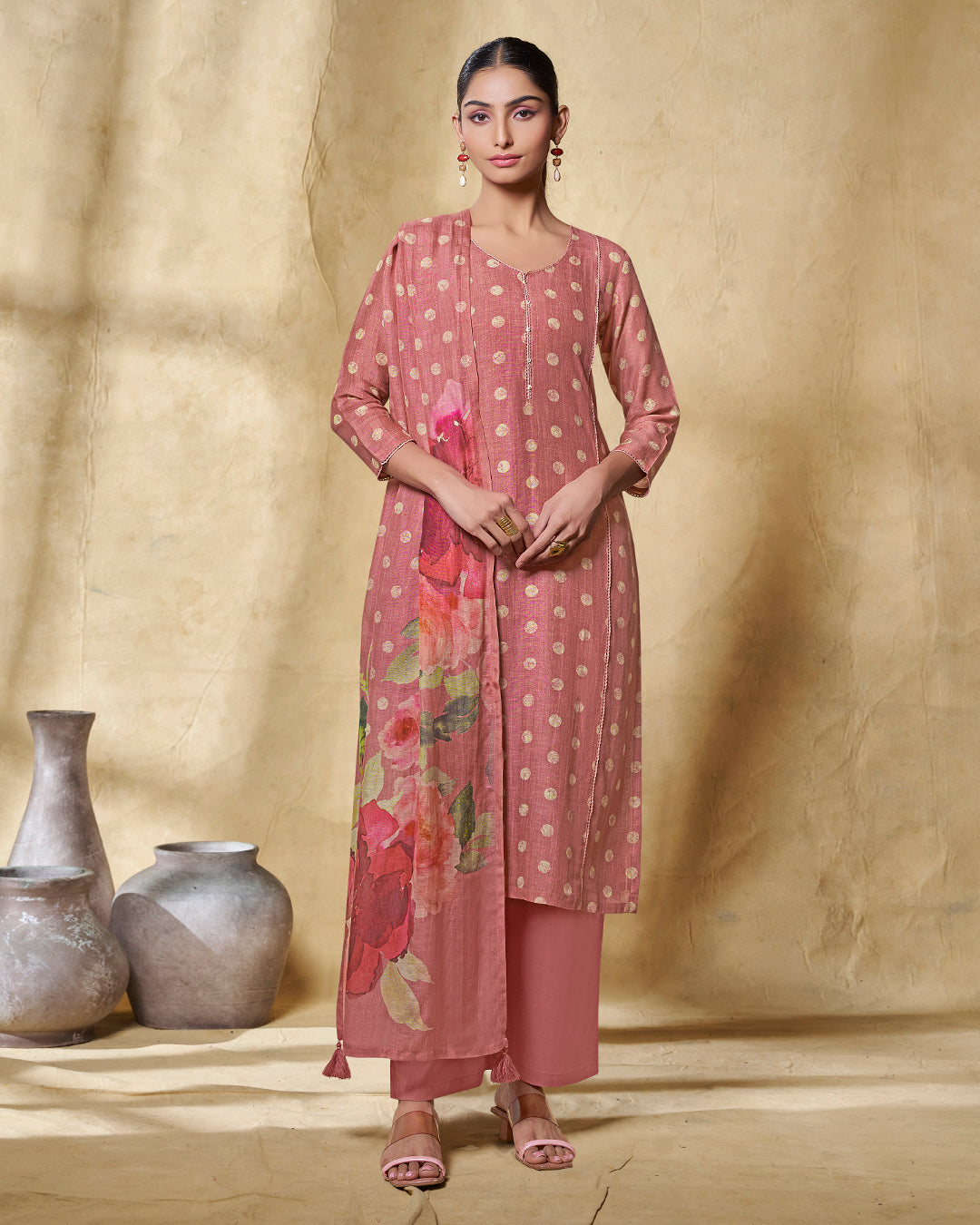 PEACH PRINTED WITH LACE WORK STRAIGHT KURTA WITH DYED TROUSERS AND PRINTED DUPATTA