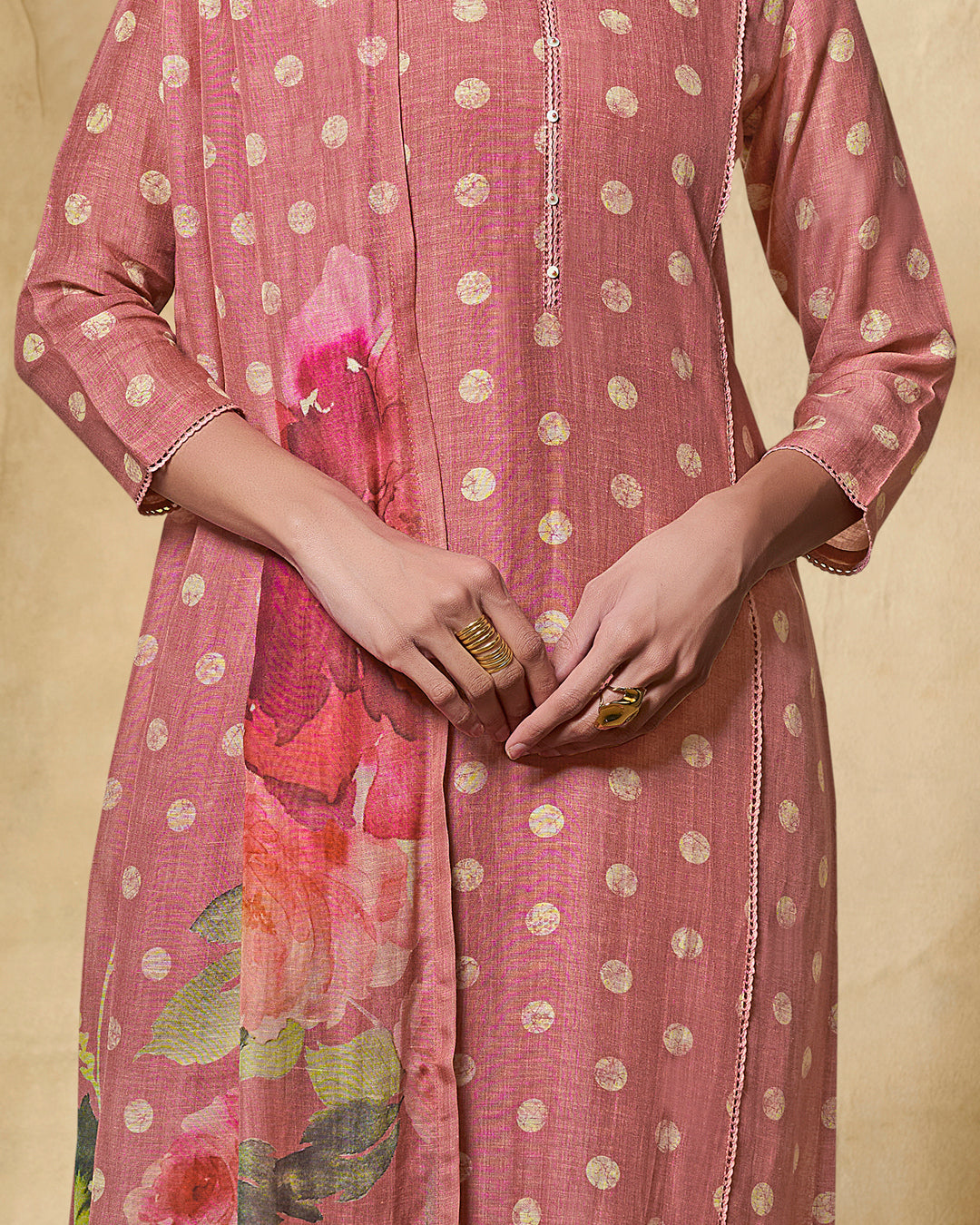 PEACH PRINTED WITH LACE WORK STRAIGHT KURTA WITH DYED TROUSERS AND PRINTED DUPATTA