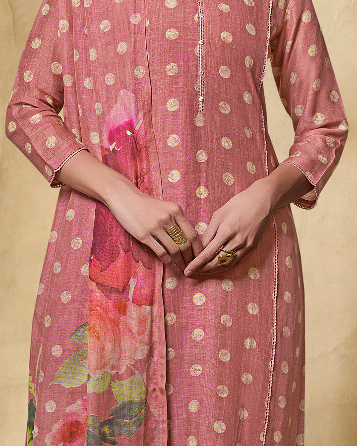 PEACH PRINTED WITH LACE WORK STRAIGHT KURTA WITH DYED TROUSERS AND PRINTED DUPATTA
