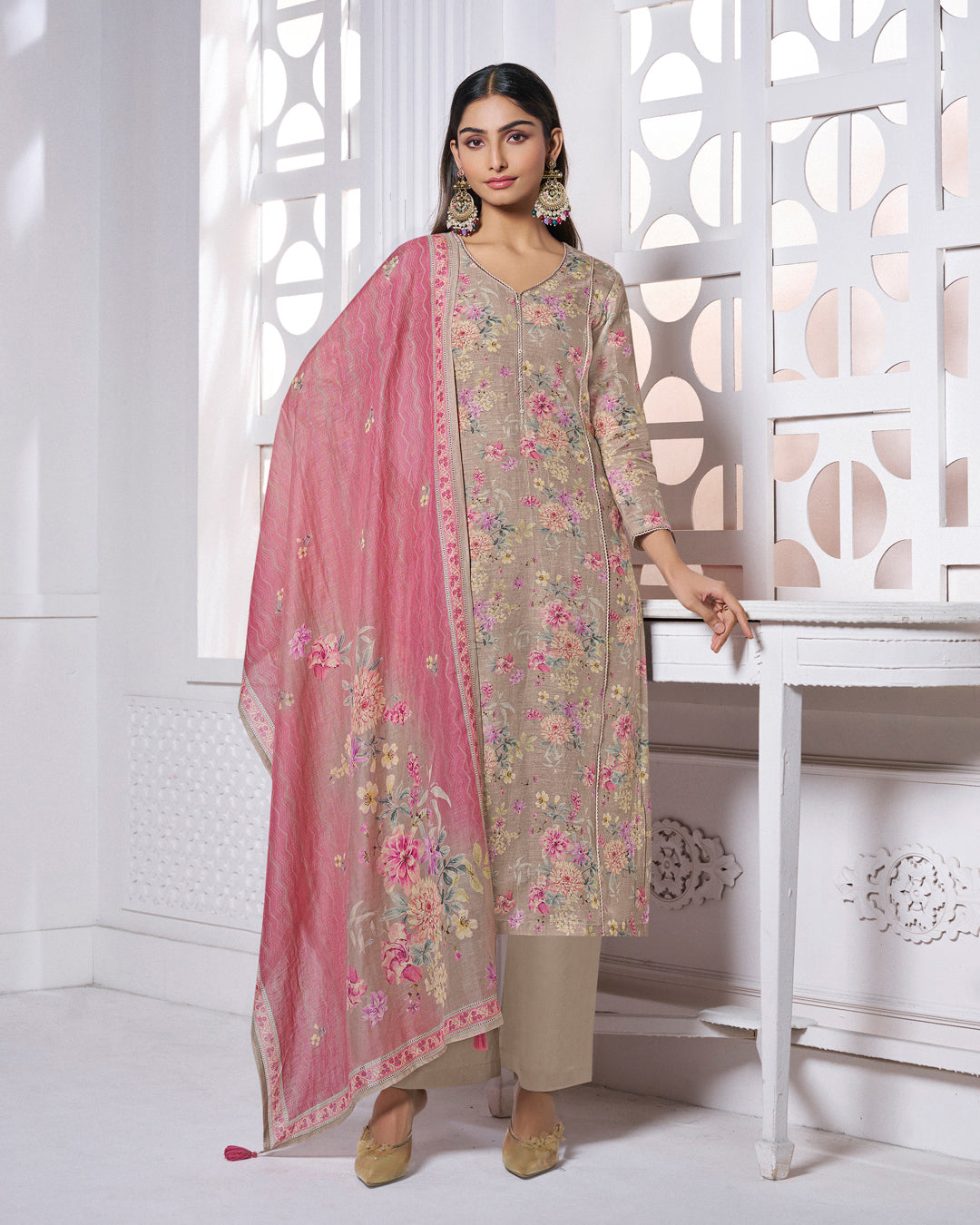 GREY PRINTED WITH LACE WORK STRAIGHT KURTA WITH DYED TROUSERS AND PRINTED DUPATTA