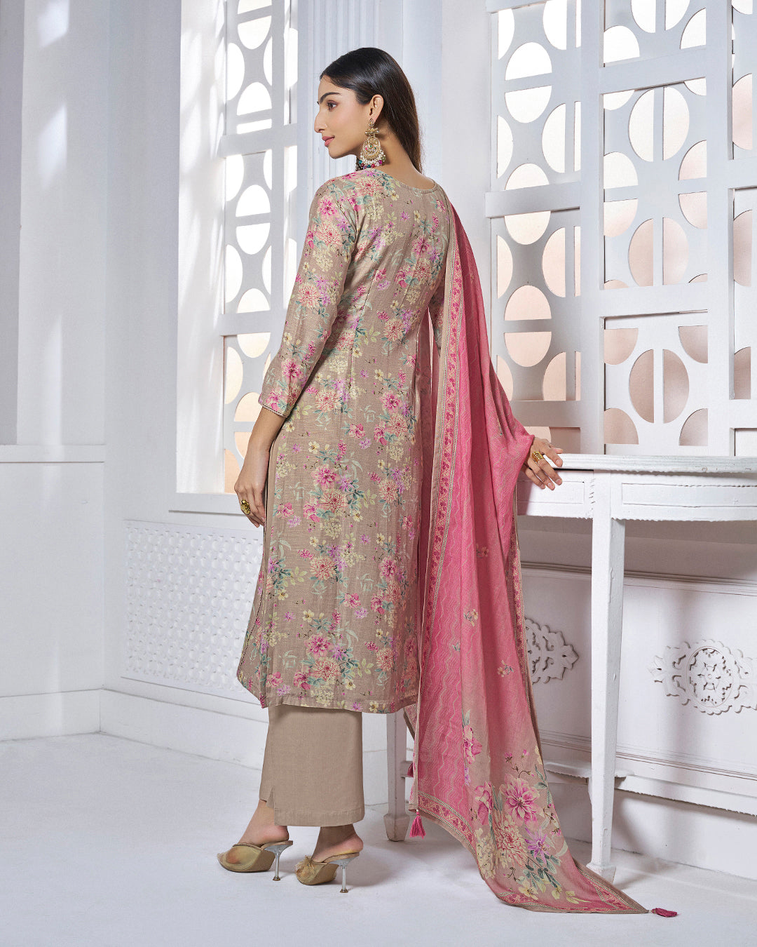 GREY PRINTED WITH LACE WORK STRAIGHT KURTA WITH DYED TROUSERS AND PRINTED DUPATTA