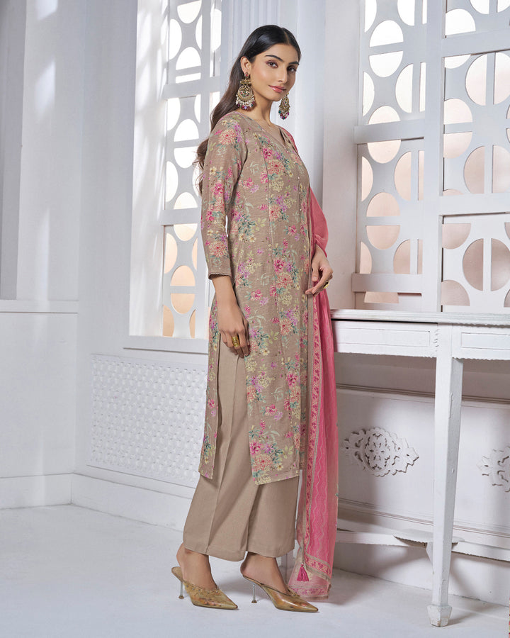 GREY PRINTED WITH LACE WORK STRAIGHT KURTA WITH DYED TROUSERS AND PRINTED DUPATTA