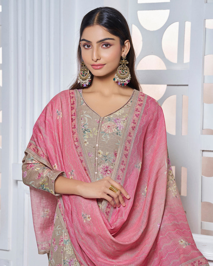 GREY PRINTED WITH LACE WORK STRAIGHT KURTA WITH DYED TROUSERS AND PRINTED DUPATTA