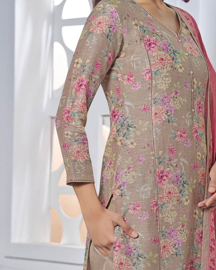 GREY PRINTED WITH LACE WORK STRAIGHT KURTA WITH DYED TROUSERS AND PRINTED DUPATTA