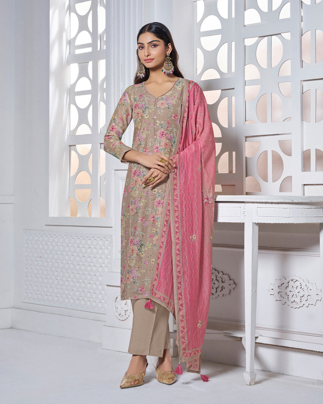 GREY PRINTED WITH LACE WORK STRAIGHT KURTA WITH DYED TROUSERS AND PRINTED DUPATTA