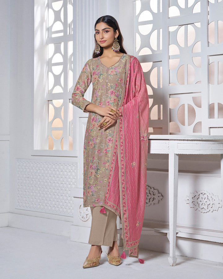 GREY PRINTED WITH LACE WORK STRAIGHT KURTA WITH DYED TROUSERS AND PRINTED DUPATTA