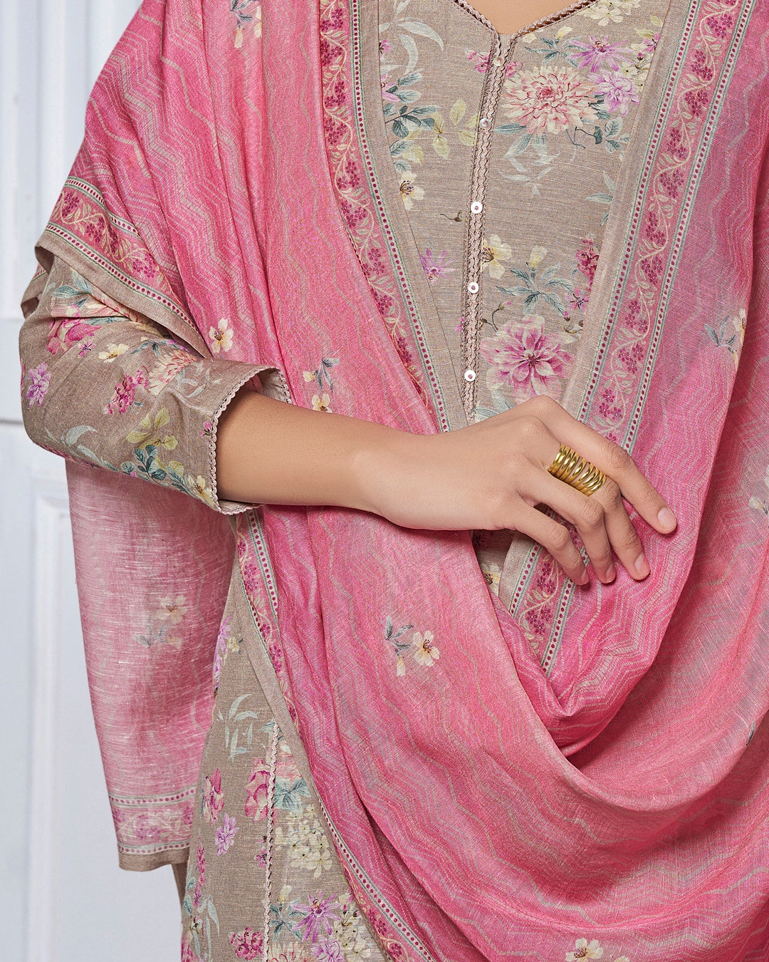 GREY PRINTED WITH LACE WORK STRAIGHT KURTA WITH DYED TROUSERS AND PRINTED DUPATTA