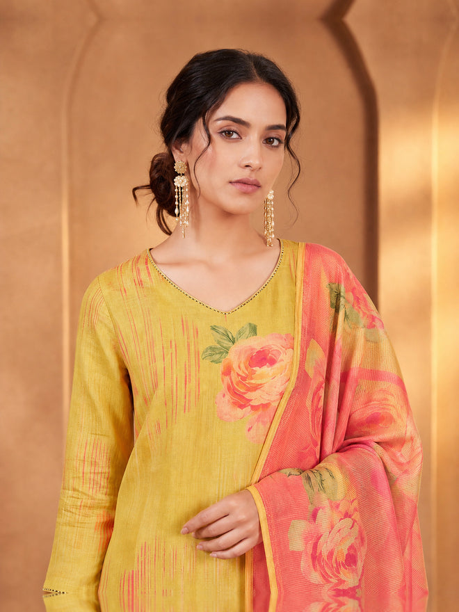 Mustard Yellow Floral Printed Kurta Trouser Set with Dupatta