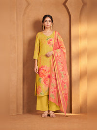 Mustard Yellow Floral Printed Kurta Trouser Set with Dupatta