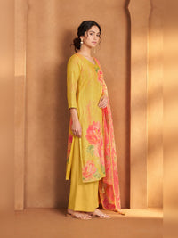 Mustard Yellow Floral Printed Kurta Trouser Set with Dupatta