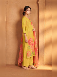 Mustard Yellow Floral Printed Kurta Trouser Set with Dupatta
