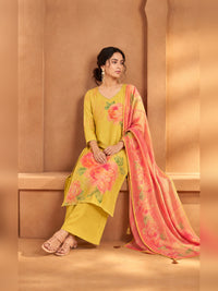 Mustard Yellow Floral Printed Kurta Trouser Set with Dupatta