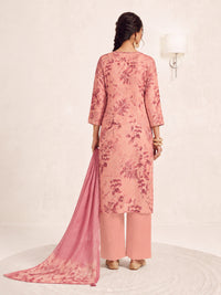 Women's Light Pink Linen Embellished Kurta with Trouser and Dupatta
