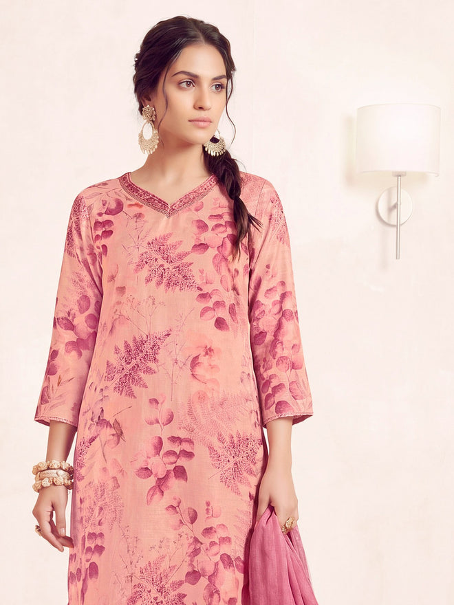 Women's Light Pink Linen Embellished Kurta with Trouser and Dupatta