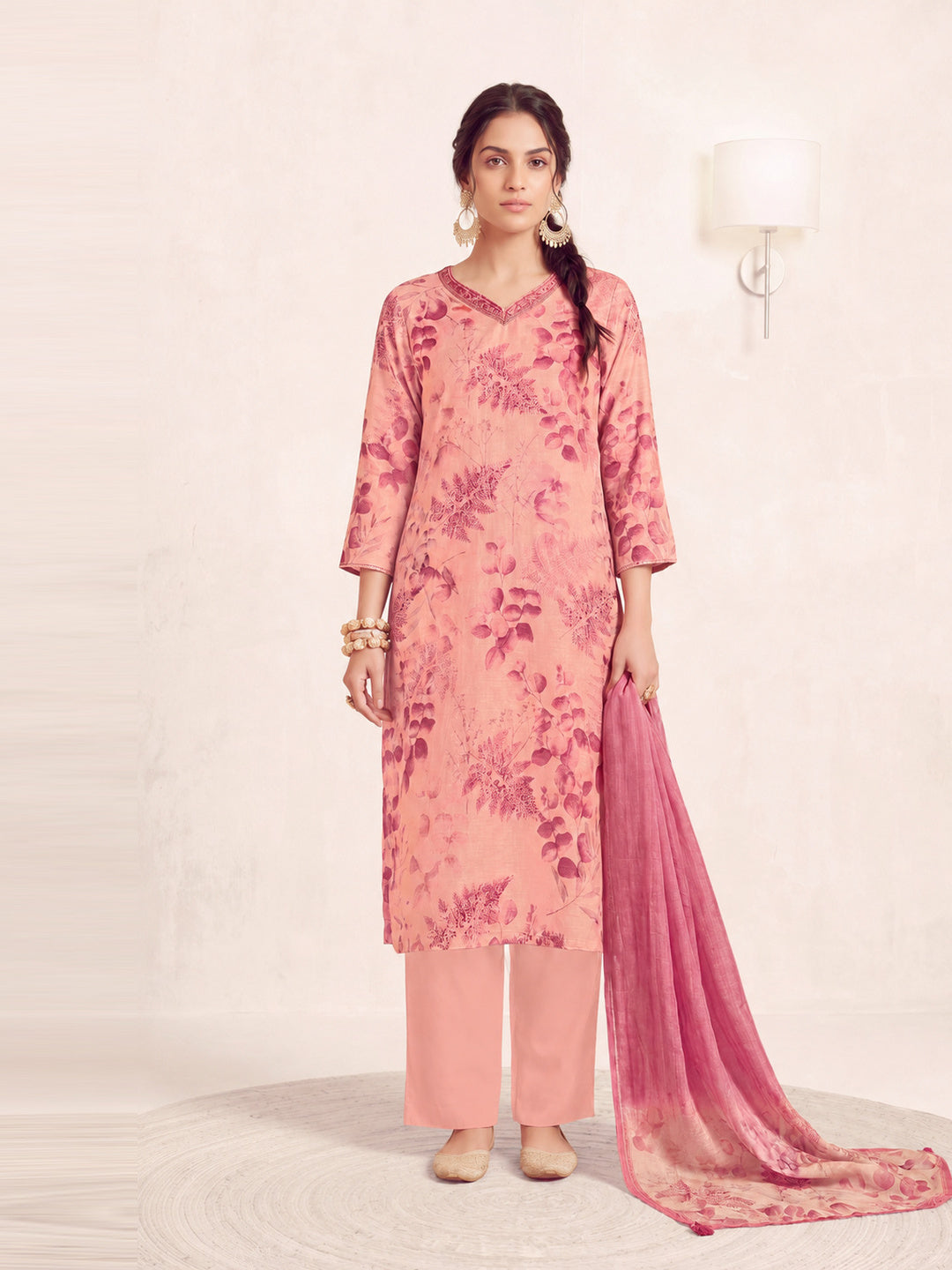 Women's Light Pink Linen Kurta with Trouser and Dupatta