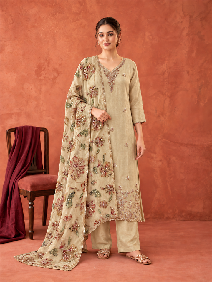 Light Olive Gold Embroidered Pure Silk Suit Set