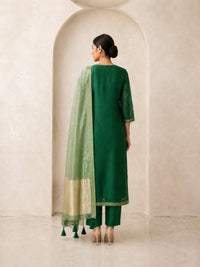 Women's Green Chanderi Cotton Embroidered Kurta With Trouser And Dupatta