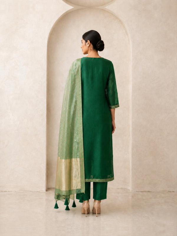 Women's Green Chanderi Cotton Embroidered Kurta With Trouser And Dupatta