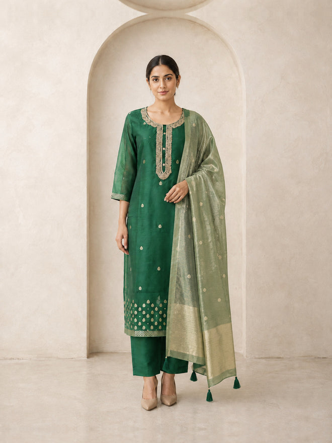 Women's Green Chanderi Cotton Embroidered Kurta With Trouser And Dupatta