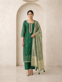 Women's Green Chanderi Cotton Embroidered Kurta With Trouser And Dupatta
