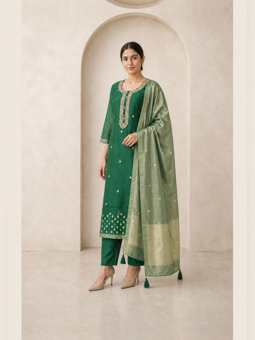 Women's Green Chanderi Cotton Embroidered Kurta With Trouser And Dupatta