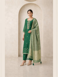Women's Green Chanderi Cotton Embroidered Kurta With Trouser And Dupatta